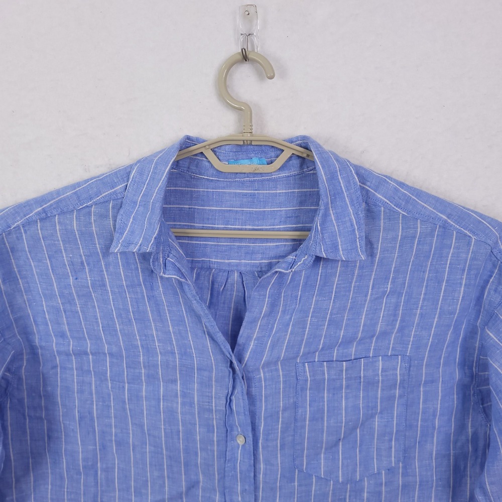 J.McLaughlin Linen Button Down Shirt Womens L Blue White Stripe Long Sleeve Top
